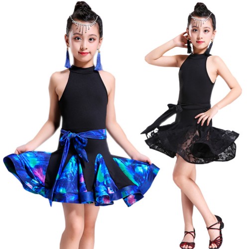 Girls latin dresses kids children royal blue floral competition salsa chacha rumba dancing costumes